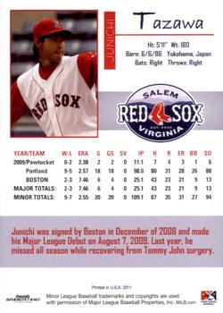 2011 Grandstand Salem Red Sox #NNO Junichi Tazawa Back