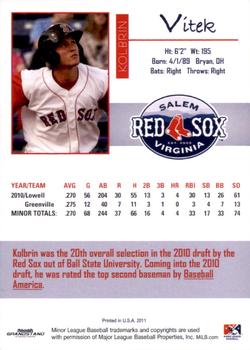 2011 Grandstand Salem Red Sox #NNO Kolbrin Vitek Back