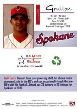 2011 Grandstand Spokane Indians #NNO Juan Grullon Back