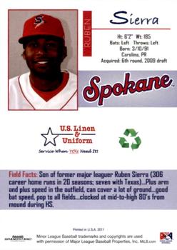 2011 Grandstand Spokane Indians #NNO Ruben Sierra Back