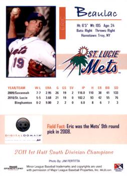 2011 Grandstand St. Lucie Mets #NNO Eric Beaulac Back