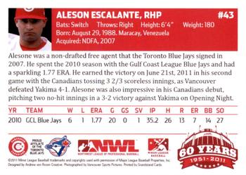 2011 Grandstand Vancouver Canadians #NNO Aleson Escalante Back