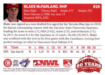 2011 Grandstand Vancouver Canadians #NNO Blake McFarland Back