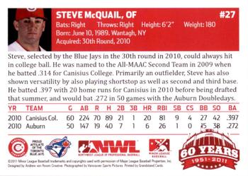 2011 Grandstand Vancouver Canadians #NNO Steve McQuail Back