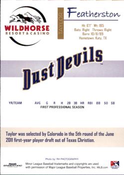 2011 Grandstand Tri-City Dust Devils #NNO Taylor Featherston Back