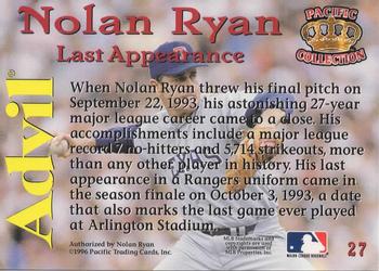 1996 Pacific Advil Nolan Ryan #27 Nolan Ryan Back