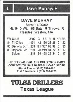 1987 Tulsa Drillers #1 Dave Murray Back