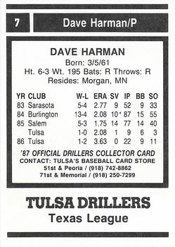 1987 Tulsa Drillers #7 Dave Harman Back