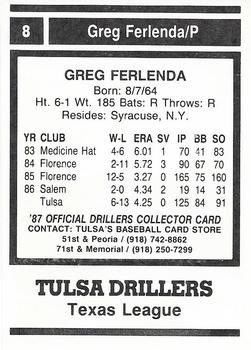 1987 Tulsa Drillers #8 Greg Ferlenda Back