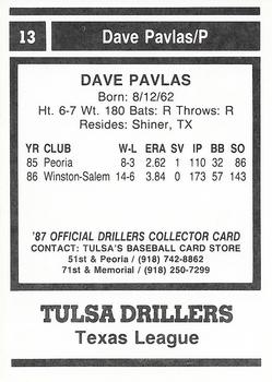 1987 Tulsa Drillers #13 Dave Pavlas Back