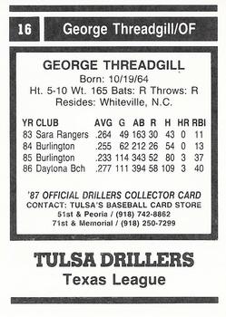 1987 Tulsa Drillers #16 George Threadgill Back