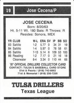 1987 Tulsa Drillers #19 Jose Cecena Back