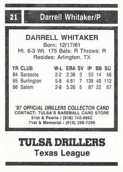 1987 Tulsa Drillers #21 Darrell Whitaker Back