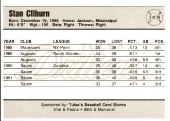 1993 Tulsa Drillers #5 Stan Cliburn Back