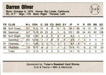 1993 Tulsa Drillers #21 Darren Oliver Back