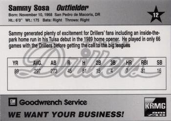 1996 Tulsa Drillers 20th Anniversary Team #12 Sammy Sosa Back