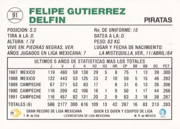 1992 Liga Mexicana de Beisbol #91 Felipe Gutierrez Delfin Back