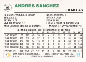 1992 Liga Mexicana de Beisbol #93 Andres Sanchez Back