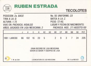 1992 Liga Mexicana de Beisbol #114 Ruben Estrada Back