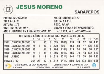 1992 Liga Mexicana de Beisbol #118 Jesus Moreno Back