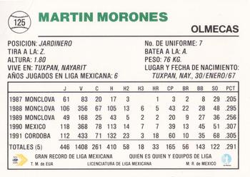 1992 Liga Mexicana de Beisbol #125 Martin Morones Back