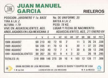 1992 Liga Mexicana de Beisbol #128 Juan Manuel Garcia Back