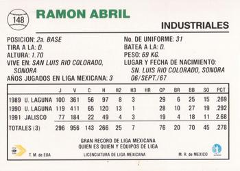 1992 Liga Mexicana de Beisbol #148 Ramon Abril Back