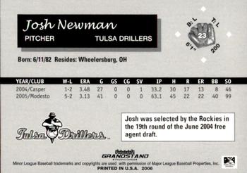 2006 Grandstand Tulsa Drillers #19 Josh Newman Back