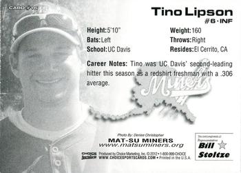 2012 Choice Mat-Su Miners #16 Tino Lipson Back