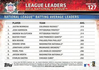 2015 Topps - Purple #127 National League Batting Average Leaders (Justin Morneau / Josh Harrison / Andrew McCutchen) Back