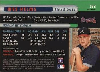 1996 Bowman's Best - Refractors #152 Wes Helms Back
