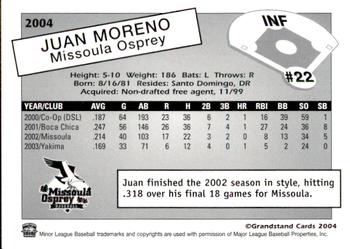 2004 Grandstand Missoula Osprey #NNO Juan J. Moreno Back