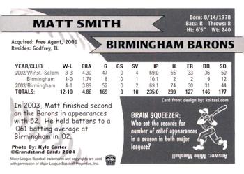 2004 Grandstand Birmingham Barons #NNO Matt Smith Back