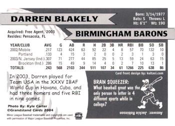 2004 Grandstand Birmingham Barons #NNO Darren Blakely Back