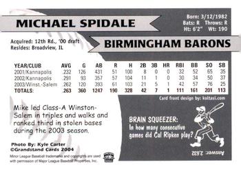 2004 Grandstand Birmingham Barons #NNO Michael Spidale Back