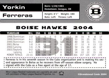 2004 Grandstand Boise Hawks #NNO Yorkin Ferreras Back