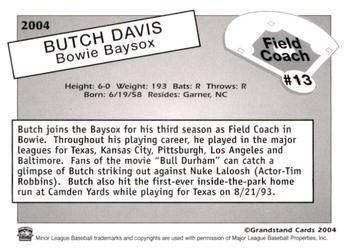 2004 Grandstand Bowie Baysox #NNO Butch Davis Back
