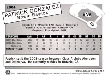 2004 Grandstand Bowie Baysox #NNO Patrick Gonzalez Back