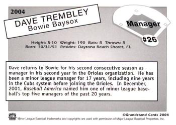 2004 Grandstand Bowie Baysox #NNO Dave Trembley Back