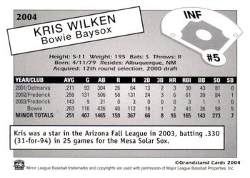 2004 Grandstand Bowie Baysox #NNO Kris Wilken Back