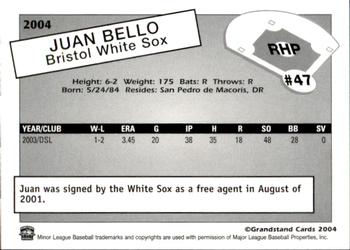 2004 Grandstand Bristol White Sox #NNO Juan Bello Back