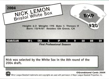 2004 Grandstand Bristol White Sox #NNO Nik Lemon Back
