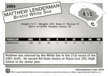 2004 Grandstand Bristol White Sox #NNO Matthew Lenderman Back