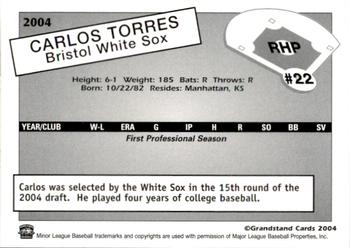 2004 Grandstand Bristol White Sox #NNO Carlos Torres Back