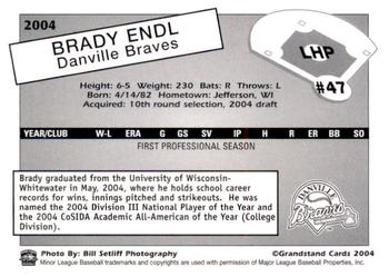 2004 Grandstand Danville Braves #NNO Brady Endl Back