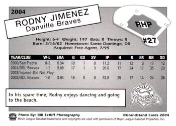 2004 Grandstand Danville Braves #NNO Rodny Jimenez Back