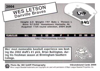 2004 Grandstand Danville Braves #NNO Wes Letson Back