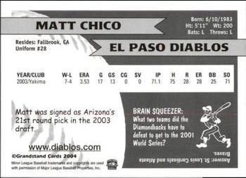2004 Grandstand El Paso Diablos #NNO Matt Chico Back