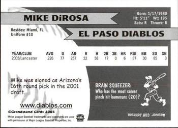 2004 Grandstand El Paso Diablos #NNO Mike DiRosa Back