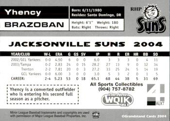 2004 Grandstand Jacksonville Suns #NNO Yhency Brazoban Back